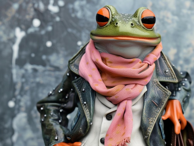 Photo a frog in a leather jacket with a scarf