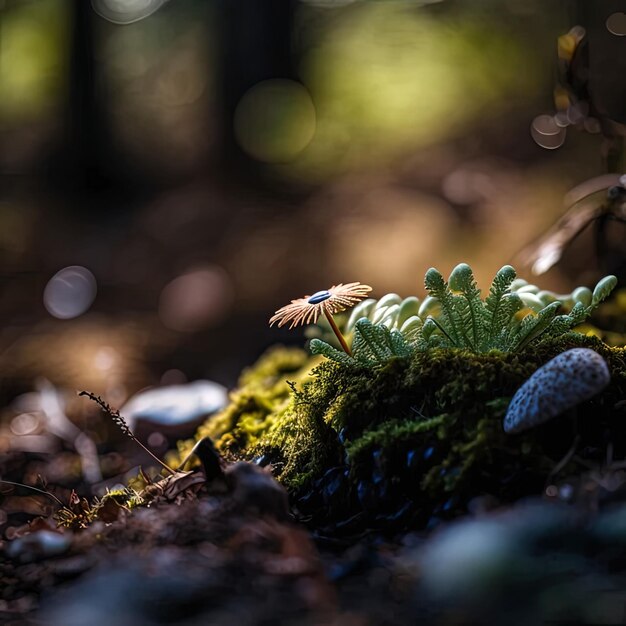 Photo a frog on a moss covered log with some rocks and other moss