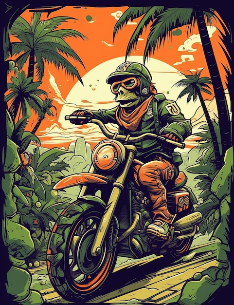 A frog on a motorcycle with palm trees in the background.