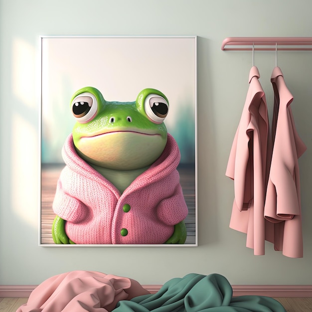 Frog in pink knitted sweater relaxing at home Funny green frog in cozy clothes self care concept Generative AI