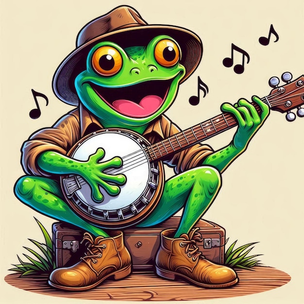 a frog playing a banjo with music notes and a frog playing the banjo