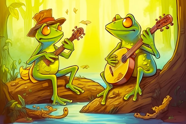 Frog playing guitar and frog playing guitar sitting on rock Generative AI