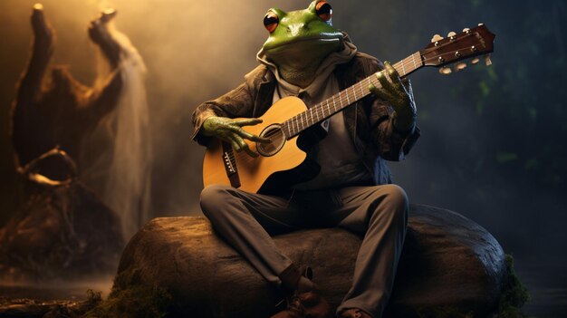 Frog playing guitar while sitting on rock next