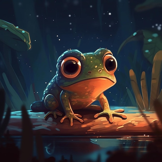 A frog in a pond with a glowing eye.