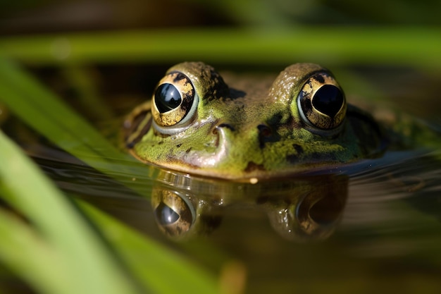 A frog in a pond with its eyes open and the word frog on the bottom.