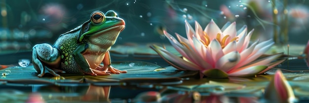 Frog prince awaiting a kiss perched on a water lily in a magical pond setting