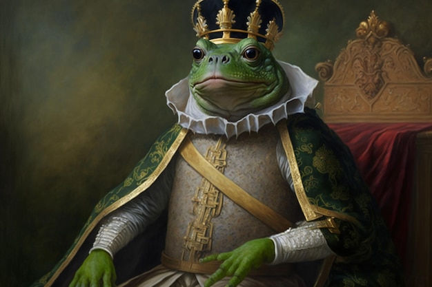 A frog prince sits on a throne.