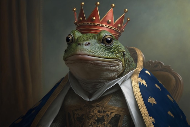 A frog prince with a crown on his head