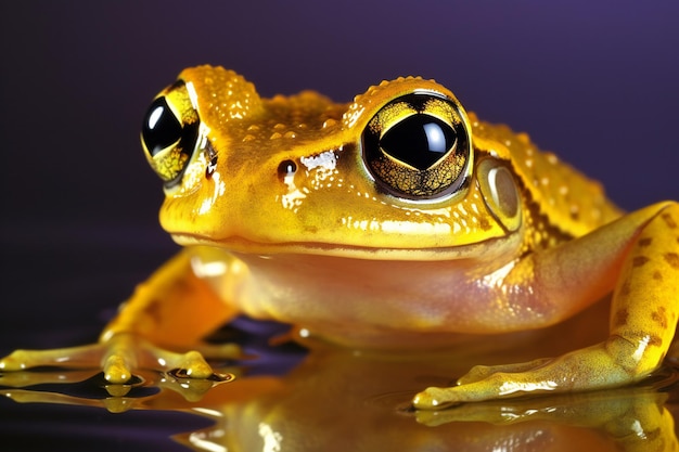 Frog on a purple background with reflection Closeup