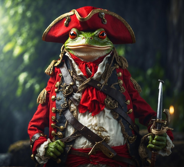 Frog in the red costume of the pirate with a sword in his hand