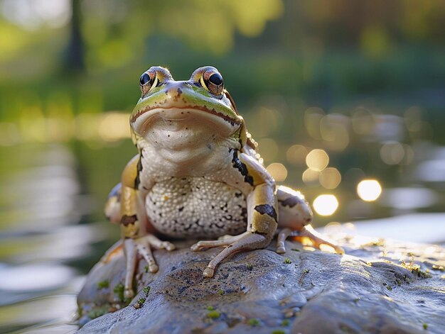 Photo frog resting on a smooth rock by a tranquil pond in early evening light