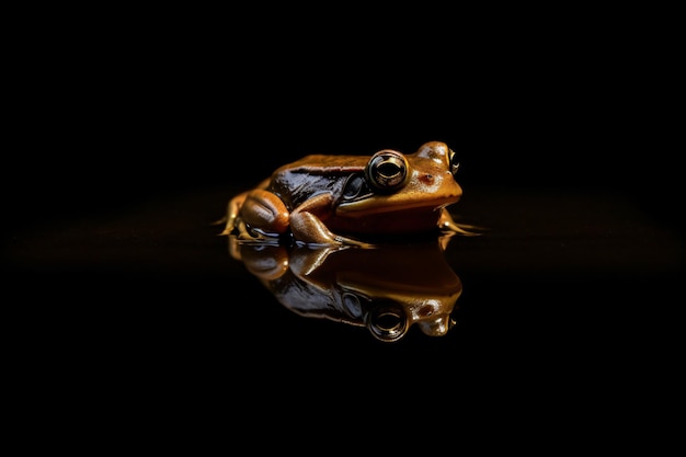 A frog sits on a black background in the dark