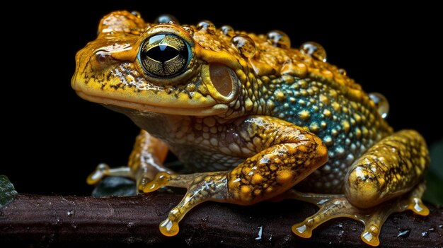 A frog sits on a branch with a black background.