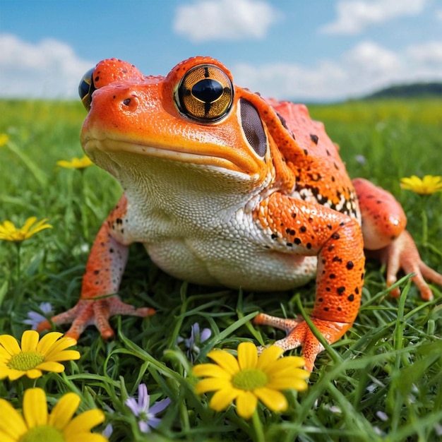 a frog sits in a field of flowers with a sky background