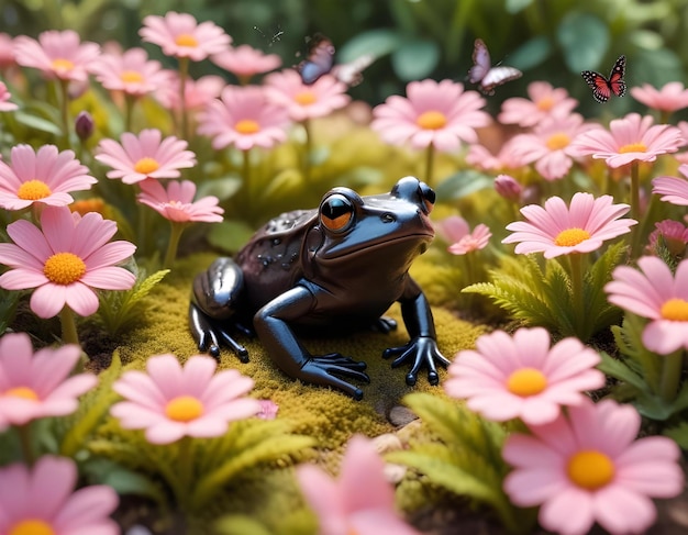 Photo a frog sits in a flower bed with a butterfly on the top