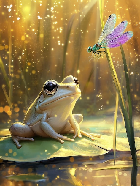 a frog sits next to a frog with a flower in the background