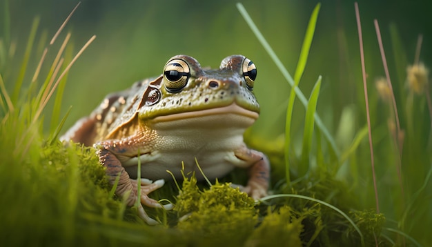 A frog sits in the grass with the sun shining on it.