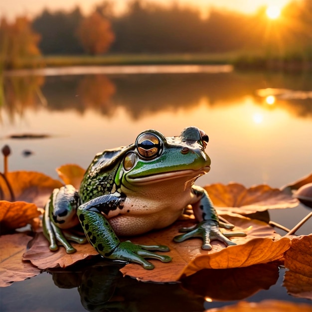 a frog sits on a leaf in front of a lake with the sun behind him