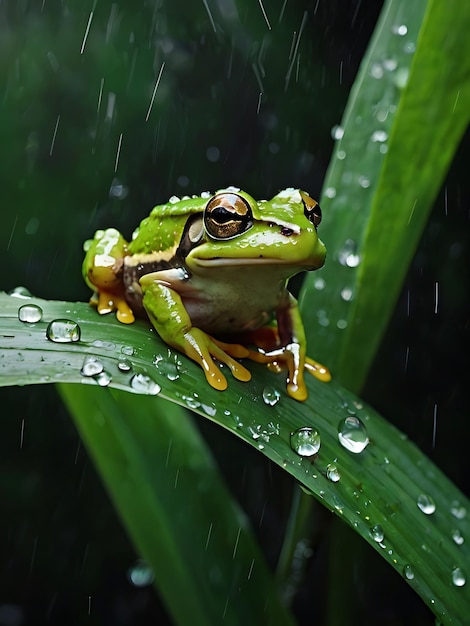 Photo a frog sits on a leaf in the rain