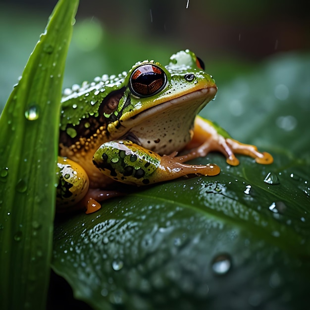 Photo a frog sits on a leaf with rain drops