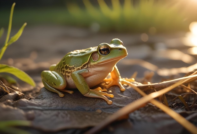 a frog sits on a leaf with the sun behind it