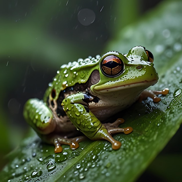 Photo a frog sits on a leaf with water drops