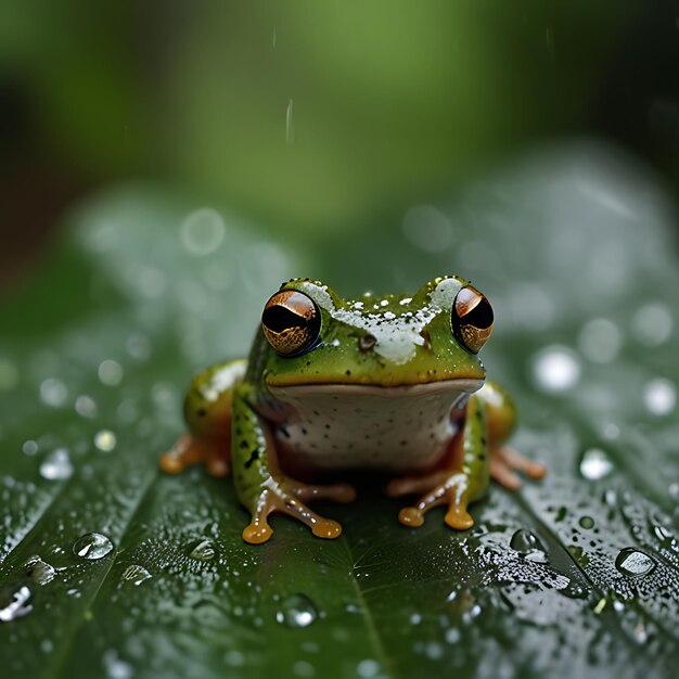 Photo a frog sits on a leaf with water drops