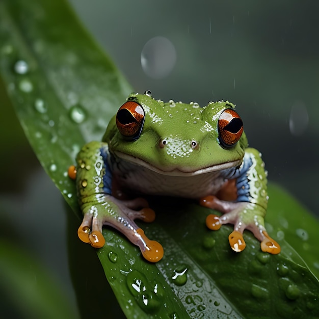 Photo a frog sits on a leaf with water drops