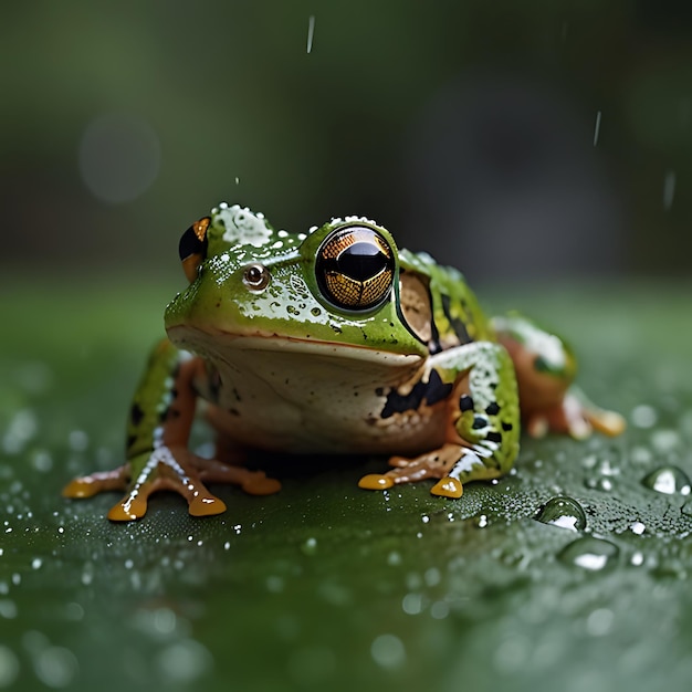 Photo a frog sits on a leaf with water drops