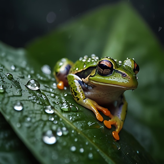 Photo a frog sits on a leaf with water drops