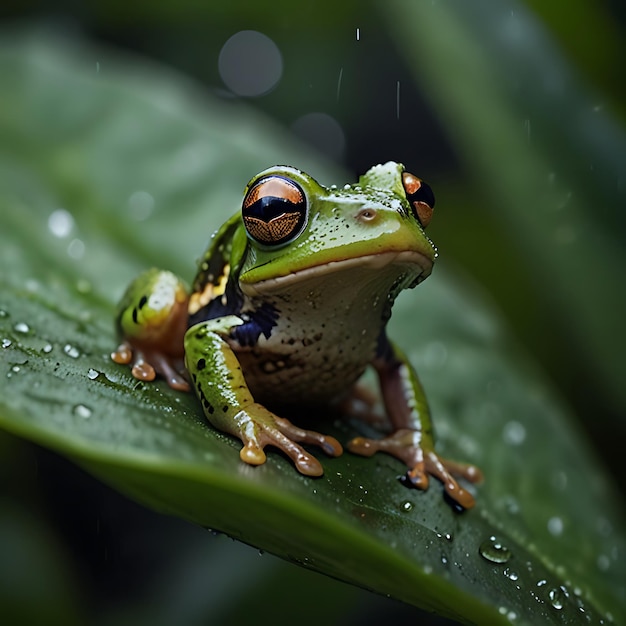 Photo a frog sits on a leaf with water drops