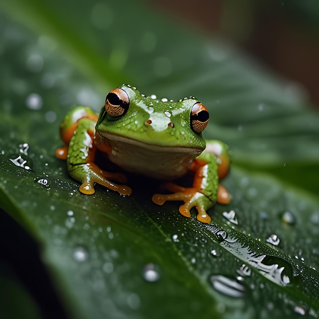 Photo a frog sits on a leaf with water drops