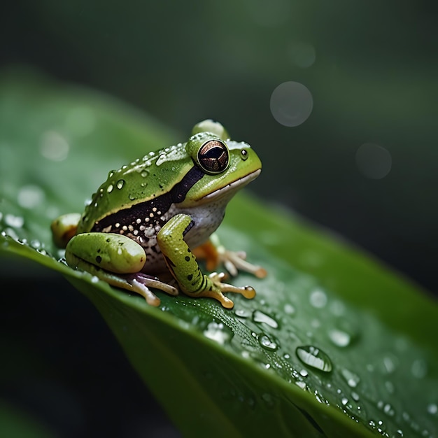 Photo a frog sits on a leaf with water drops