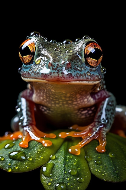 A frog sits on a leaf with the word frog on it.