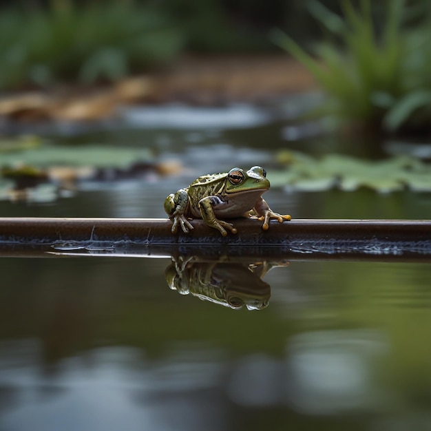 Photo a frog sits on a ledge in a pond