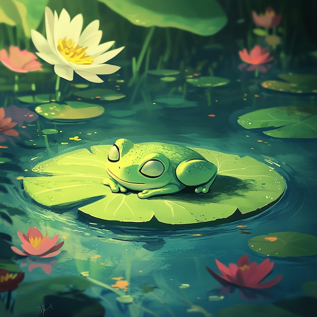 a frog sits on a lily pad in a pond with water lilies