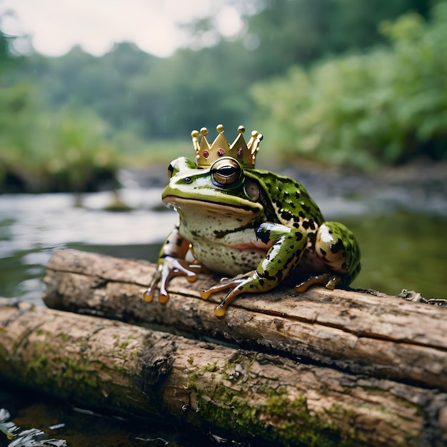 a frog sits on a log in a forest with a river in the background