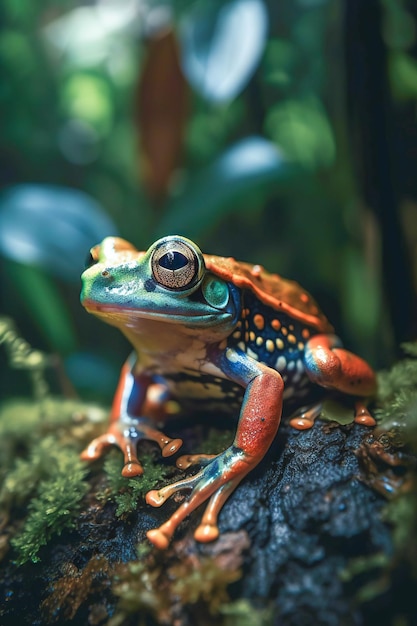 A frog sits on a log in a rainforest