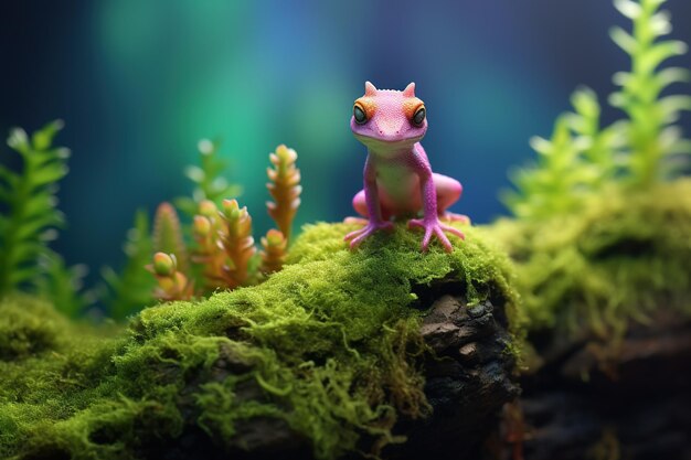 a frog sits on a mossy log with moss on it