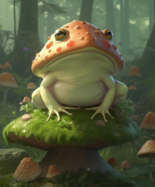 A frog sits on a mushroom in a forest.