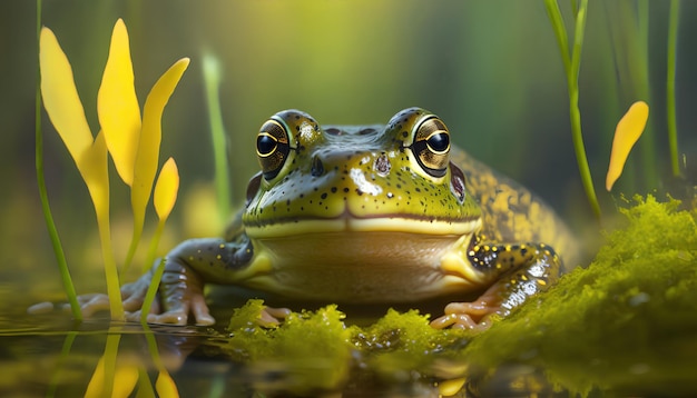 A frog sits on a pond in the sunlight.