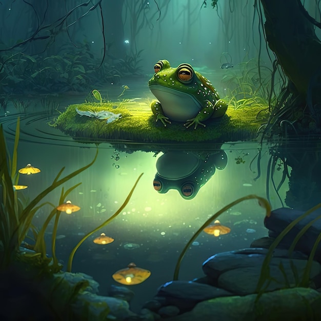 A frog sits on a pond surrounded by small fish.