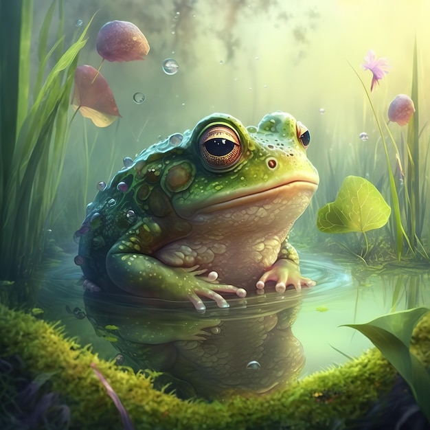 A frog sits in a pond with flowers and leaves.