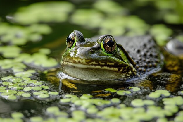 a frog sits in a pond with a frog on its head