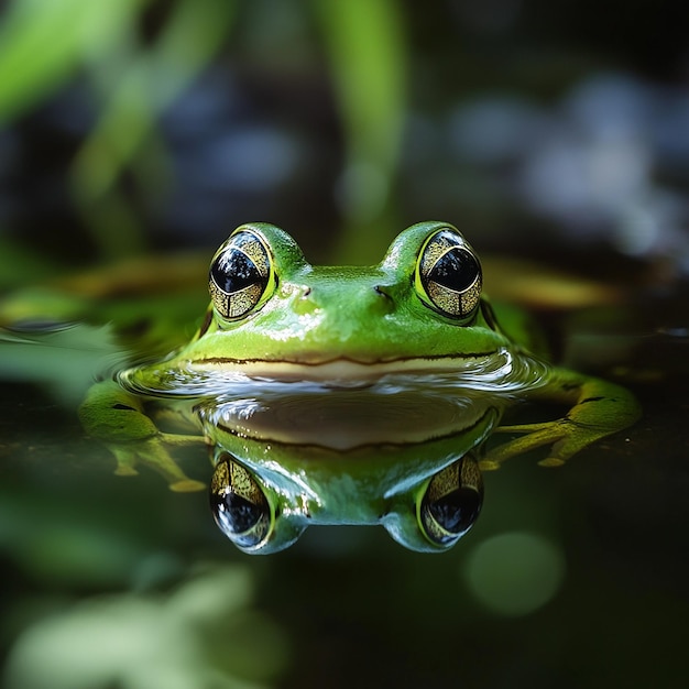 a frog sits in a pond with his reflection in the water