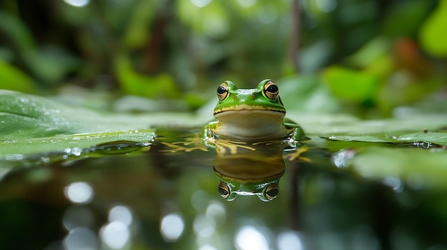 a frog sits in a pond with leaves and water reflection