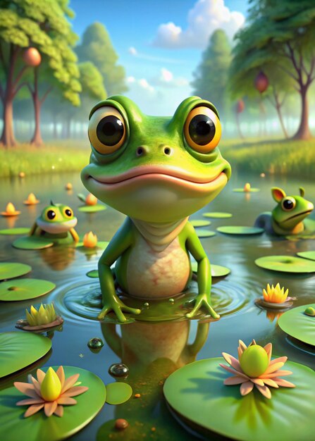 Photo a frog sits in a pond with water lilies in the background