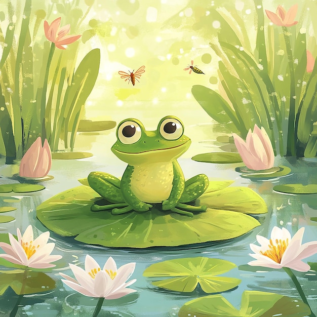 a frog sits in a pond with water lilies and flowers