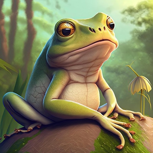 A frog sits on a rock in a forest.