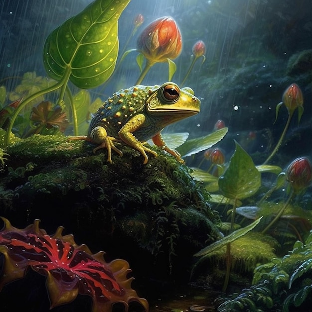 A frog sits on a rock in a garden with a flower in the background.